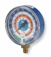 YELLOW JACKET Low Side Gauge: Low Side Gauge, 0 psi to 500 psi, Non-Liquid Filled, 3 1/8 in Dia (MPN 49138). Key specifications — Brand: YELLOW JACKET; Accuracy: ± 1%; Color: Blue; For Refrigerant Type: R-404A.
