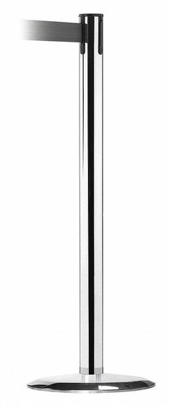 TENSABARRIER Barrier Post with Belt: Black, No Pattern, No Legend, 13 ft Belt Lg, Silver (MPN 889U-1P-1P-MAX-NO-B9X-C). Key specifications — Base Material: Cast Iron; Belt Color: Black; Brand: TENSABARRIER; Post Material: Metal Alloy; Post Color: Silver; Message: No Legend.