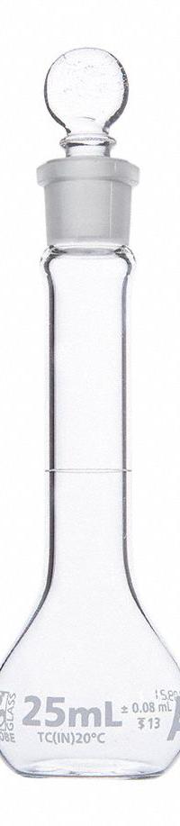 GLOBE SCIENTIFIC Volumetric Flask: 25 mL, Colorless, A, 0.08 mL, Includes Closure, 110 mm Overall Ht (MPN 8230025). Key specifications — Tolerance: 0.08 mL; Body Color: Colorless; Brand: GLOBE SCIENTIFIC; Compatible with Stopper Size: 13; USP Specification: Type I.