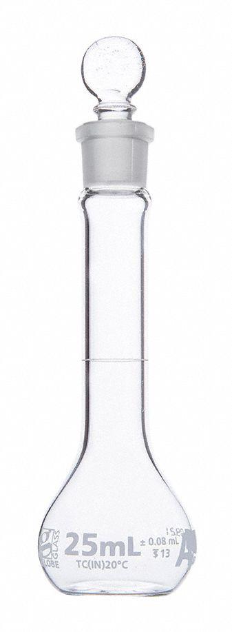 GLOBE SCIENTIFIC Volumetric Flask: 25 mL, Colorless, A, 0.08 mL, Includes Closure - Glass Volumetric Flasks