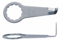 FEIN Oscillating Scraper Blade: 3/4 in Blade Wd, 1 3/4 in Blade Lg, Hooked, Steel, 2 Pieces, 2 PK (MPN 63903208010). Key specifications — attr1097478: Steel; attr1097483: Hooked; attr1097499: FEIN.