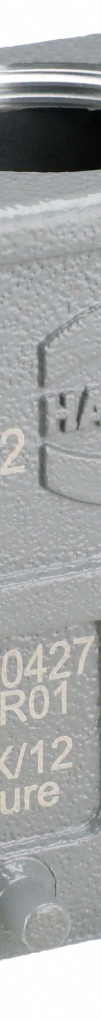 HARTING M32 Rectangular Connector Hood: Size 10 B, Top, Single-Entry, M32 Cable Entry, Aluminum (MPN 19300100427). Key specifications — IP Rating: IP66; Size Designation: 10 B; Cable Entry Thread Size: M32; Seal Material: NBR; Locking Type: Dual Lever; Brand: HARTING; Primary Material: Aluminum; Operating Temperature Range: -40 to 125 Degrees C.