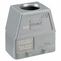 HARTING M32 Rectangular Connector Hood: Size 10 B, Top, Single-Entry, M32 Cable Entry, Aluminum (MPN 19300100427). Key specifications — IP Rating: IP66; Size Designation: 10 B; Cable Entry Thread Size: M32; Seal Material: NBR; Locking Type: Dual Lever; Brand: HARTING; Primary Material: Aluminum; Operating Temperature Range: -40 to 125 Degrees C.