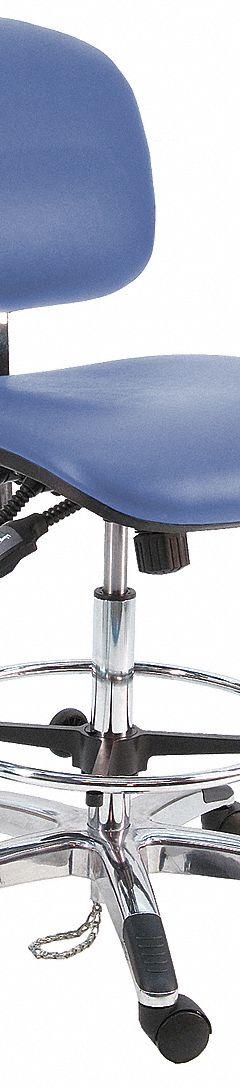Ergonomic Chair: Vinyl, Armless, Ht Range 21 in to 31 in, 19 in Seat Wd, 17 in Seat Dp, 5 Casters (MPN LAT-DCRB-TLC-WW-BLUE). Key specifications — Foot Support: Yes; Back Tilt Backward: 80°; Back Tilt Forward: 105°; Base Material: Aluminum; Brand: BENCHPRO; Product Type: Cleanroom Ergonomic Chair; Cleanroom Class: ISO 5; ESD-Safe: Not ESD Safe.