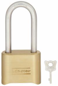 MASTER LOCK Combination Padlock: Scrolling Combo, Gold, Brass, Long Shackle, Stainless Steel Shackle (MPN 175LHSS). Key specifications — Dial Color: Gold; Brand: MASTER LOCK.