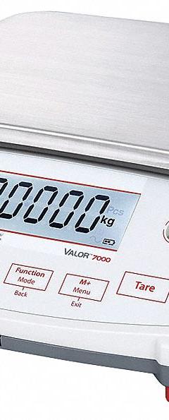 OHAUS Food Scale: 8 7/8 in Weighing Surface Dp, 11 3/4 in Weighing Surface Wd, 4 5/8 in Overall Ht (MPN V71P1502T). Key specifications — Connection Ports: Ethernet; Readability: 0.0001 lb/0.05 g; Brand: OHAUS; IP Rating: IP43.