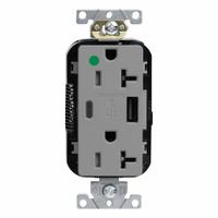 USB Receptacle: Duplex, 5-20R, Gray, 125V AC, 20 A (MPN M58AC-HGG). Key specifications — Brand: LEVITON.