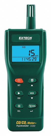 EXTECH Carbon Monoxide Detector: Built in Sensors, Carbon Dioxide/Carbon Monoxide, Sound, CO260. Key specifications — Manufacturer Part Number: CO260; Brand: EXTECH; Digital Display Screen Type: LCD with Backlight; Features: Built-In Maintenance CO2 Sensor; Includes: Software; PPM Accuracy: ±5% of Reading (±30ppm); Power Source: Battery; Relative Humidity Accuracy: ±3%.