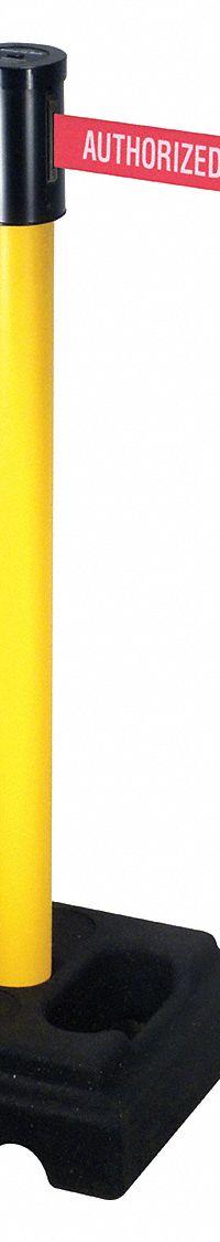 RETRACTA-BELT Barrier Post with Belt: Red, No Pattern, Authorized Access Only, 15 ft Belt Lg, Yellow (MPN 322YA-AAO). Key specifications — attr981468: Rubber; attr981465: Red; attr981461: RETRACTA-BELT; attr981440: Aluminum; attr981443: Yellow; attr981449: Authorized Access Only; attr981448: White.