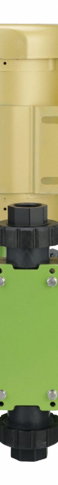 GREENLINE Chemical Metering Pump: Electric Motor, 115/230V AC, 1/2 hp HP, PVDF Head, PTFE Diaphragm (MPN DM2C1FC). Key specifications — Brand: GREENLINE; Diaphragm Material: PTFE; Reproducibility: ±2.0%; Nameplate Voltage: 115/230V AC; Check Ball Material: Ceramic; Fitting Material: PVDF; Seal Material: PTFE.