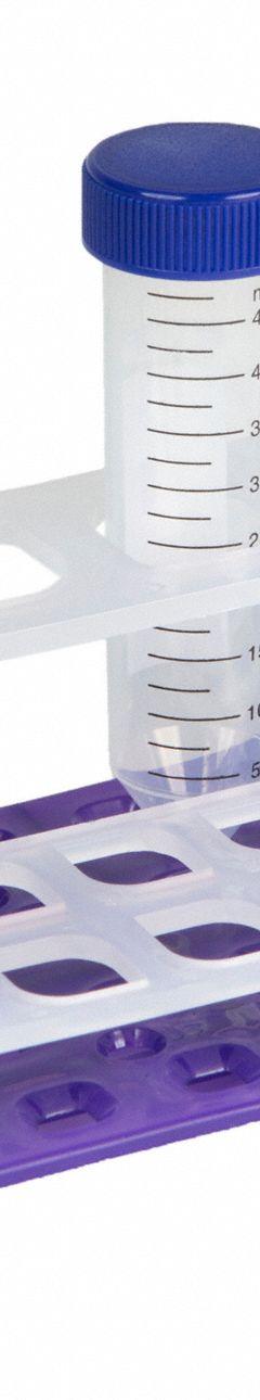 Tube Rack: 4 1/4 in Overall Wd, 3 in Overall Ht, 12 1/4 in Overall Lg, Polypropylene, Natural/Purple (MPN 120818). Key specifications — Material: Polypropylene; Mounting Location: Benchtop; Color: Natural/Purple; Product Type: Test Tube Rack; Total Holding Capacity: (20) 13 mm Wells; Brand: HEATHROW SCIENTIFIC.