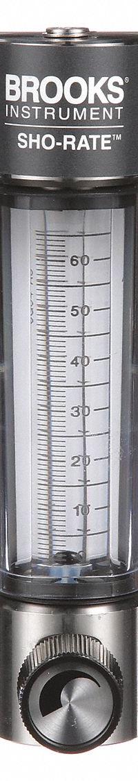 BROOKS Mechanical Flowmeter: Flow Meter, Scale, Variable Area, Panel Mount, Vertical, Liters, FNPT (MPN 1250AR6041MRSVV). Key specifications — Display Type: Scale; O-Ring Material: Viton; Includes Flow Rate Adjustment Knob: Yes; Includes Pressure Guage: No; Mounting Orientation: Vertical; Unit Of Measure: Liters; Brand: BROOKS; Accuracy: +/-5%.