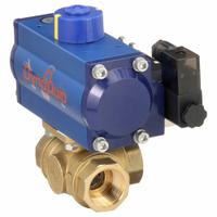 DYNAQUIP CONTROLS Pneumatically Actuated Three-Way Ball Valve: 1 in, Brass, FNPT x FNPT x FNPT (MPN PYHG5AUDA052A). Key specifications — Brand: DYNAQUIP CONTROLS; Pilot Solenoid Voltage: 115V AC.