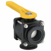 BANJO Manual Three-Way Ball Valve: 2 in, Polypropylene, L Flow, 100 psi Max. Pressure (CWP), Lever (MPN MV220BL). Key specifications — Brand: BANJO; Handle: Lever.