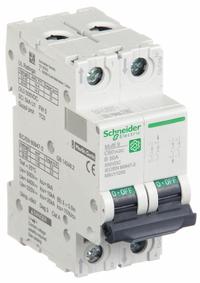 SCHNEIDER IEC Supplementary Protector: 50 A Amps, 500V DC, 5kA at 250V DC, Screw Clamp, C60H-DC, B (MPN M9U11250). Key specifications — Terminal Connection: Screw Clamp; AC Voltage Rating: Not Rated; Curve Type: B; DC Voltage Rating: 500V DC; Max. AIR Rating: 5kA at 250V DC; Series: C60H-DC; Brand: SCHNEIDER.
