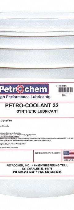 PETROCHEM Compressor Oil: 5 gal, Pail, 5 SAE Grade, 32 ISO Viscosity Grade, 158 Viscosity Index (MPN PETRO-COOLANT 32-005). Key specifications — attr59744: 158; attr59746: 32; attr59736: No; attr59735: Pail; attr59738: Petro-Coolant 32; attr59749: 5.