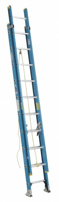 WERNER Extension Ladder: 20 ft Ladder Size, Fiberglass, 250 lb Load Capacity, 39 lb Wt, 2 Sections (MPN D6020-2). Key specifications — Color: Blue; Brand: WERNER; Included Features: Rope and Pulley; Removable Fly: Removable.