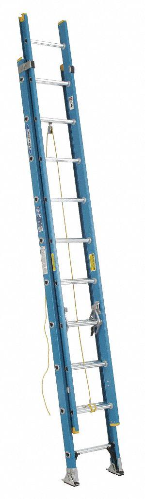 WERNER Extension Ladder: 20 ft Ladder Size, Fiberglass, 250 lb Load Capacity, 39 lb Wt - Non-Conductive Fiberglass Extension Ladders
