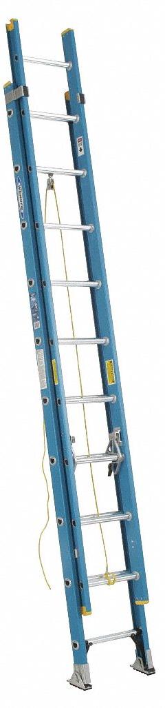 WERNER Extension Ladder: 20 ft Ladder Size, Fiberglass, 250 lb Load Capacity, 39 lb Wt, 2 Sections (MPN D6020-2). Key specifications — Color: Blue; Brand: WERNER; Included Features: Rope and Pulley; Removable Fly: Removable.