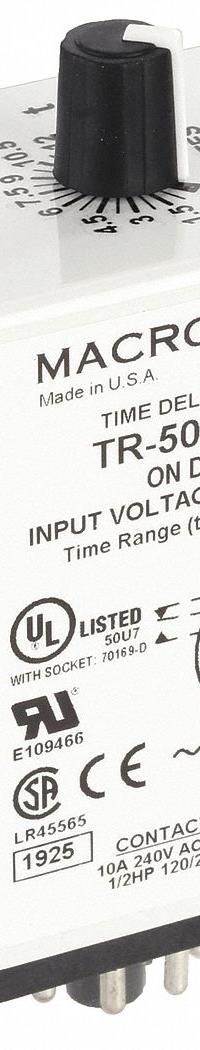 MACROMATIC Single Function Time Delay Relay: Socket Mounted, 120V AC/DC, 10 A, 8 Pins/Terminals (MPN TR-50222-14). Key specifications — Brand: MACROMATIC.
