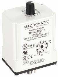MACROMATIC Single Function Time Delay Relay: Socket Mounted, 120V AC/DC, 10 A, 8 Pins/Terminals (MPN TR-50222-14). Key specifications — Brand: MACROMATIC.