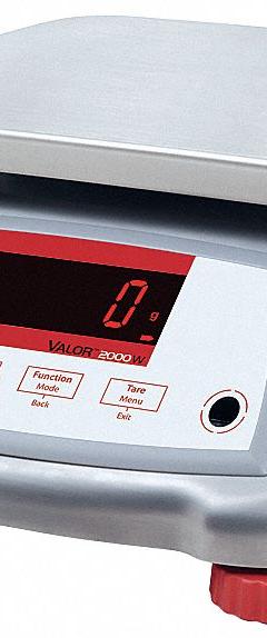 OHAUS Food Scale: 7 1/2 in Weighing Surface Dp, 9 1/2 in Weighing Surface Wd, 4 7/8 in Overall Ht (MPN V22XWE15T). Key specifications — Readability: 0.005 lb/2 g; Brand: OHAUS; IP Rating: IPX8.