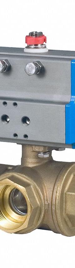BONOMI Pneumatically Actuated Three-Way Ball Valve: 3/8 in, Brass, FNPT x FNPT x FNPT, Two-Piece (MPN 8P0131LF-3/8-C1). Key specifications — Brand: BONOMI; Pilot Solenoid Voltage: 110V AC.