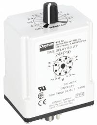 DAYTON Single Function Time Delay Relay: Socket Mounted, 24V AC/DC, 10 A, 8 Pins/Terminals, On Delay (MPN 24EP10). Key specifications — Brand: DAYTON.