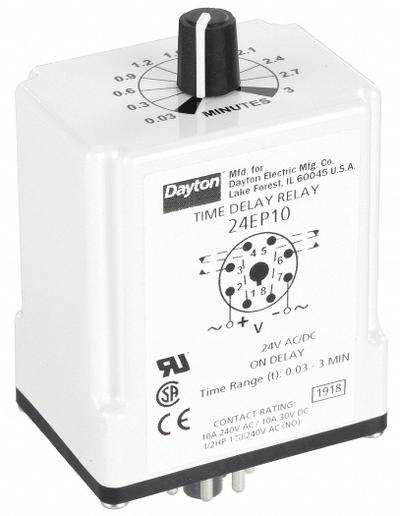 Dayton Single Function Time Delay Relay: Socket Mounted, 24V AC/DC, 10 A, 8 Pins/Terminals - Socket-Mounted Relays