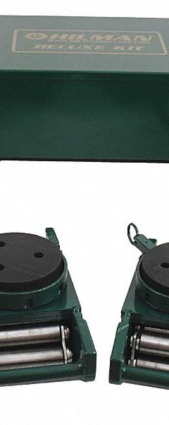 HILMAN ROLLERS Machine Roller Kit: 120,000 lb, 5 3/8 in Deck Ht, 5 7/8 in L x 5 7/8 in W, Steel (MPN KRS-60-SLP). Key specifications — Top Plate Surface: Rubber Padded; Includes: (2) Handles; Brand: HILMAN ROLLERS; Color: Green.