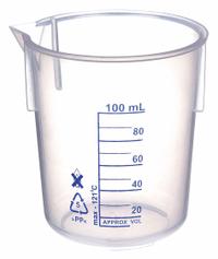 APPROVED VENDOR Beaker: Low Form, Polypropylene, 100 mL, 70.3 mm Outside Dia, 73 mm Overall Ht (MPN 6FAE4). Key specifications — Body Color: White; Brand: APPROVED VENDOR; Product Type: Beaker; Includes Graduations: Yes; Beaker Type: Low Form.