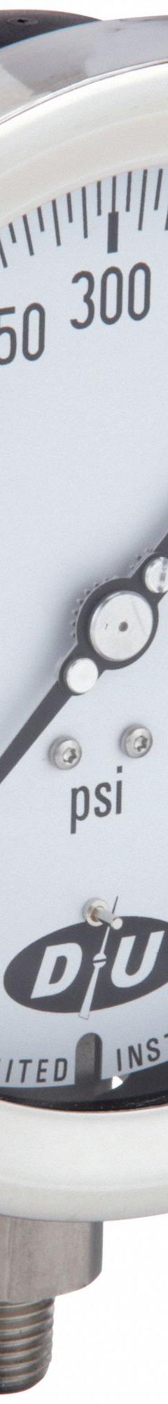 DURO Industrial Pressure Gauge: 0 psi to 600 psi, White, 4 1/2 in Dial, 1/4 in NPT Male, Bottom, 20 (MPN 4.2071113E7). Key specifications — Brand: DURO; Pointer Color: Black; Accuracy: ±0.5%; Dial Color: White; Gauge Wetted Parts: Stainless Steel; Case Material: Stainless Steel; Vibration Resistance Properties: None; Pressure Range: 0 psi to 600 psi.