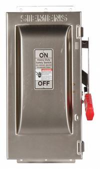 SIEMENS Safety Switch: Fusible, 30 A, Single Phase, 600V AC, 304 Stainless Steel, Indoor/Outdoor (MPN HF261S). Key specifications — Brand: SIEMENS.