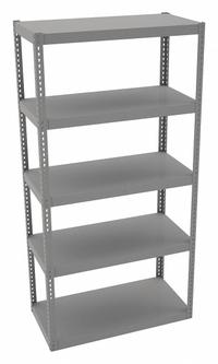 TENNSCO Boltless Shelving: Standalone, Extra-Heavy-Duty, 48 in x 24 in, 96 in Overall Ht, 5 Shelves (MPN RXHS-482496). Key specifications — Finish: Powder Coated; Maximum Post Load Capacity: 13,000 lb with Beam Evenly Spaced at 24 in; Decking Material: Steel; Color: Medium Gray; Beam Profile: Channel; Brand: TENNSCO; Side Panel: Open.