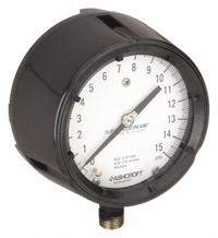 ASHCROFT Process Pressure Gauge: 0 psi to 15 psi, White, 4 1/2 in Dial, 1/2 in NPT Male, Bottom (MPN 451279SS04LXLL15). Key specifications — Brand: ASHCROFT; Pointer Color: Black; Accuracy: ±0.5%; Dial Color: White; Gauge Wetted Parts: Stainless Steel; Case Material: Phenolic; Vibration Resistance Properties: Dry Case Vibration-Dampened; Pressure Range: 0 psi to 15 psi.