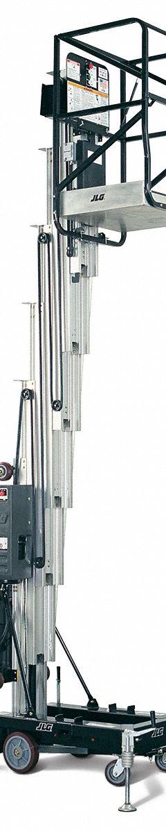 JLG Mobile Personnel Lift: Corded, Push-Around, 38 ft Elevated Platform Ht, 26 in x 28 in (MPN 38AM-AC). Key specifications — attr1045274: JLG; attr1045277: Outriggers.