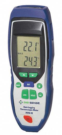 DIGI-SENSE Thermistor Thermometer: -40°F to 257°F, 1 Channels, USB (MPN 20250-93). Key specifications — Brand: DIGI-SENSE; Accuracy: ±2°F/±1°C (Otherwise); Testing Functions: Min/Max Temperature.