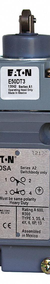 EATON Push Roller Plunger Limit Switch: Roller Plunger, Metallic, Momentary/Momentary, E50 (MPN E50AT3). Key specifications — attr1019632: EATON; attr1019639: Screw Terminals; attr1019655: Nylon; attr1023447: E50.