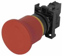 EATON Emergency Stop Push Button: Non-Illuminated, Mushroom Head Profile, Non-Metallic, 22 mm, 1NC (MPN M22-PVT-K01). Key specifications — Brand: EATON; Action: Maintained; Series: M22; Push Button Material Type: Non-Metallic.