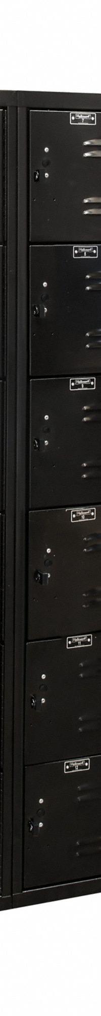 HALLOWELL Box Locker: 36 in x 18 in x 72 in, 6 Tiers, 3 Units Wide, Louvered, Padlock Hasp, Black (MPN U3282-6A-ME). Key specifications — Locker Color: Black; Door Type: Louvered; Includes Number Plates: Yes; Brand: HALLOWELL; Assembled: Assembled; Color Family: Black.