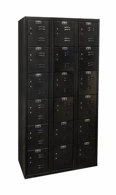 HALLOWELL Box Locker: 36 in x 18 in x 72 in, 6 Tiers, 3 Units Wide, Louvered, Padlock Hasp, Black (MPN U3282-6A-ME). Key specifications — Locker Color: Black; Door Type: Louvered; Includes Number Plates: Yes; Brand: HALLOWELL; Assembled: Assembled; Color Family: Black.