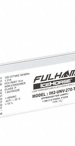 FULHAM Fluorescent Ballast: 120 to 277V AC, 1/2 Lamps Supported, 157 W Bulb Watt, 12 in Overall Lg (MPN IH2-UNV-270-T8). Key specifications — Lamp Types Supported: (1 or 2) F58T8; Brand: FULHAM; Number of Lamps Supported: 1.