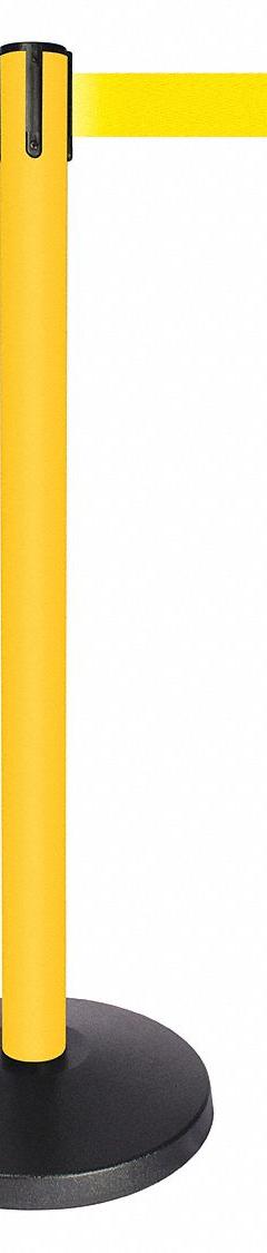 QUEUEWAY Barrier Post with Belt: Yellow, No Pattern, No Legend, 10 ft Belt Lg, Yellow, 10 ft x 2 in (MPN QPLUS-35-Y5). Key specifications — Base Material: ABS; Belt Color: Yellow; Brand: QUEUEWAY; Post Material: Metal Alloy; Post Color: Yellow; Message: No Legend.