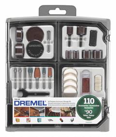 DREMEL General Purpose Attachment Set: Gen Purpose Attachment Set, 110 Pieces, Case Included (MPN 709-02). Key specifications — attr1097321: (13) 413-3/4 in 240 Grit Sanding Discs; attr1097325: Case Included; attr1097330: DREMEL.