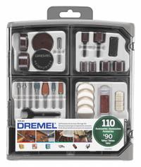 DREMEL General Purpose Attachment Set: Gen Purpose Attachment Set, 110 Pieces, Case Included (MPN 709-02). Key specifications — attr1097321: (13) 413-3/4 in 240 Grit Sanding Discs; attr1097325: Case Included; attr1097330: DREMEL.