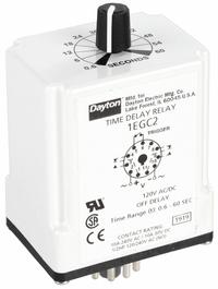 DAYTON Single Function Time Delay Relay: Socket Mounted, 240V AC, 10 A, 11 Pins/Terminals, Off Delay (MPN 1EGC2). Key specifications — Brand: DAYTON.