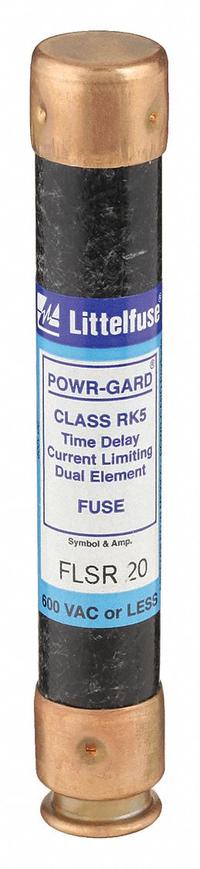 LITTELFUSE Fuse: Class RK5, FLSR Series, Time-Delay, 20 A, 600 V AC, 300 V DC, Non-Indicating (MPN FLSR020). Key specifications — Series: FLSR.