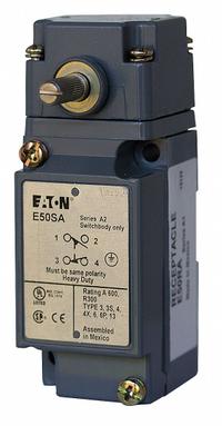 EATON Plug-In Limit Switch: 29 mm Mounting Hole Vertical Center to Center Distance, 90°, Lever-Rod (MPN E50NN1). Key specifications — Manufacturer Part Number: E50NN1; Brand: EATON; Electrical Connection: Screw Terminals; Series: E50.