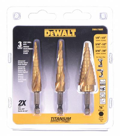 DEWALT Step Drill Bit Set: 3 Pc, 1/8" to 7/8" - Impact-Rated High-Speed Steel Step Drill Bit Sets