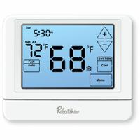 ROBERTSHAW Digital Wall Thermostat: Heat or Cool, Auto, B/C/G/O/RC/RH/W/Terminal Designations, 1H/1C (MPN RS9110T). Key specifications — Application: Heat or Cool; Stages: 1H/1C; Programming Capability: Not Programmable; Shape: Square; Terminal Designations: W; Temperature Control Range: 41° to 90°F; Changeover Type: Automatic; Brand: ROBERTSHAW.